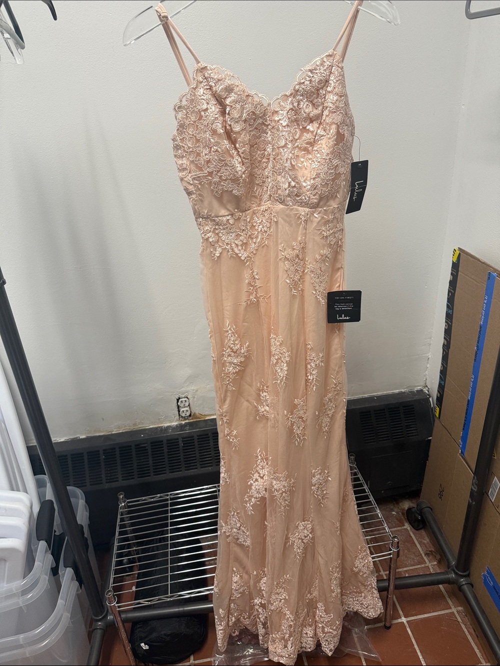 Lulu's Blush Pink Lace Embroidered Spaghetti Strap Gown